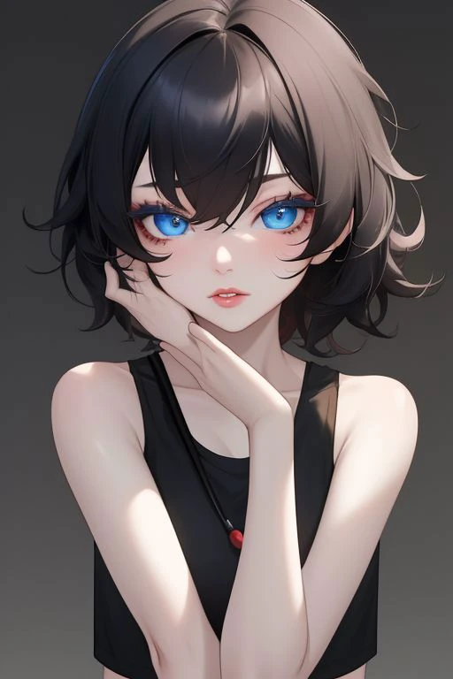 masterpiece, best quality, hires, high resolution:1.2, 4k, 8k , high quality, extremely detailed, face focus, viewed straight on , 1girl ,very black hair, short hair , messy hair, pale skin, <honkai impact>,  lips, blue eyes , bare shoulders , crop tank to...