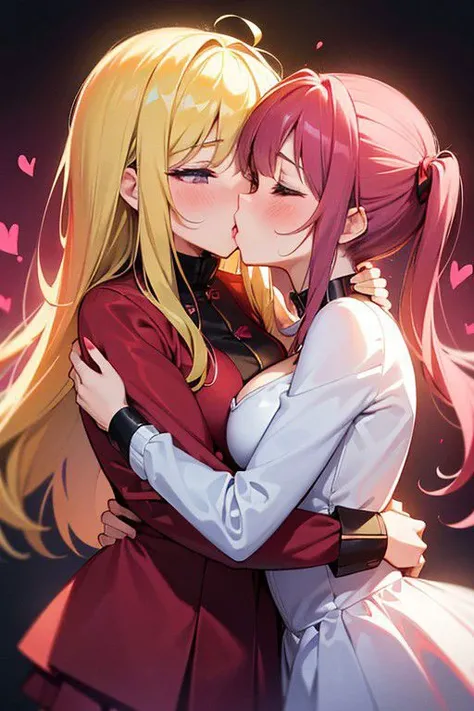 (8k, best quality, masterpiece:1.2), (extremely detailed CG unity 8k wallpaper), 2girls, (hugging and kissing:1.5), ((sexy outfit)), valentines day background, colorful, red pink glowing hearts background,(absurdres)