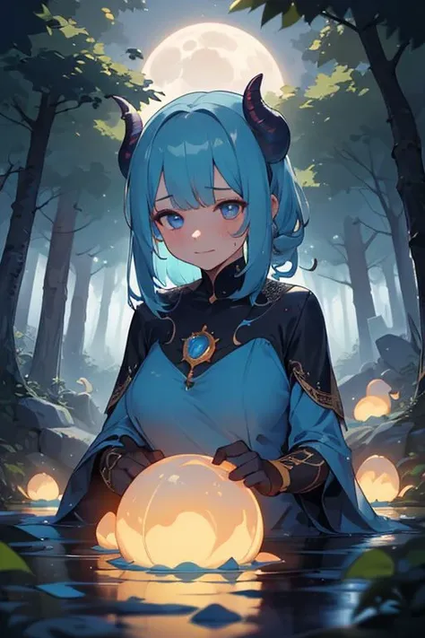 a girl with blue hair and a blue dress holding a glowing ball