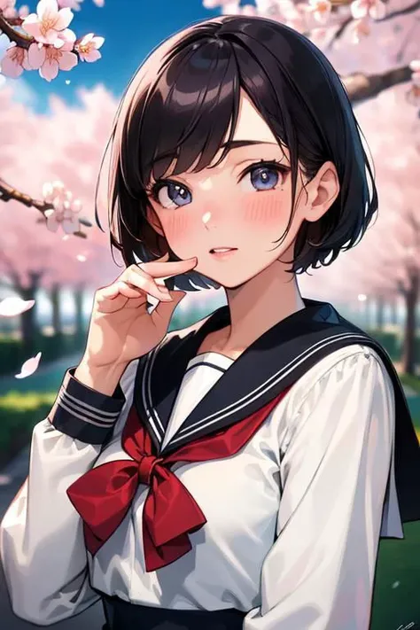 (high quality:1.4), (high resolution:1.3), (incredibly detailed:1.3), cinematic lighting, masterpiece, perfect anatomy, 1woman, school sailor uniform, long sleeve, spring, cherry blossom, detailed short hair, perfect face, perfect eyes, piass, blush,,