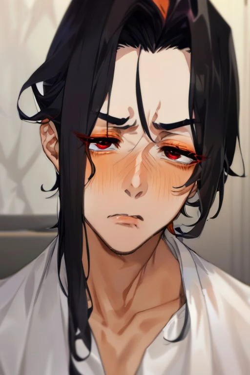 (((1boy))), (((masterpiece, extremely detailed))) percy, detailed eyelashes, tan, long hair, black hair, v hairline, widowspeak, widows peak, pout, red eyes, big nose, shiny skin, orange blush, orange makeup, orange lipstick, downturned eyes, forehead wrin...