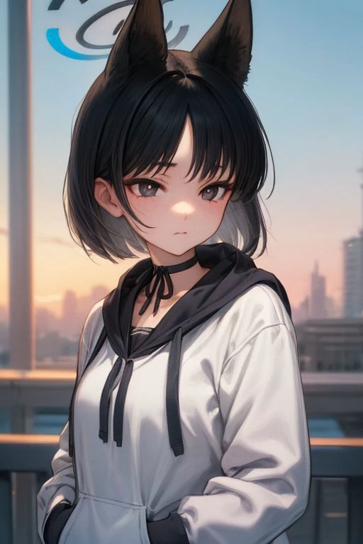 detailed illustration, of a mature chubby woman, pretty face,expressionless, kikyou kiryuu, animal ears, halo, black hair, short hair, choker, hoodie, hands in pocket, outside,  gradient sky, skyline, water, city skyline, cinematic lighting, hires, volumet...