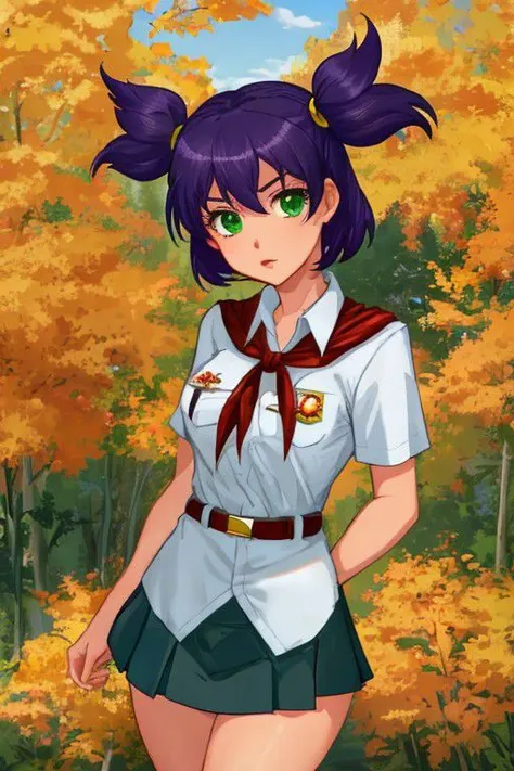 a girl in a uniform is standing in the woods