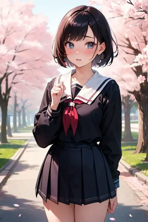 (high quality:1.4), (high resolution:1.3), (incredibly detailed:1.3), cinematic lighting, masterpiece, perfect anatomy, 1woman, school sailor uniform, long sleeve, spring, cherry blossom, detailed short hair, perfect face, perfect eyes, piass, blush,,