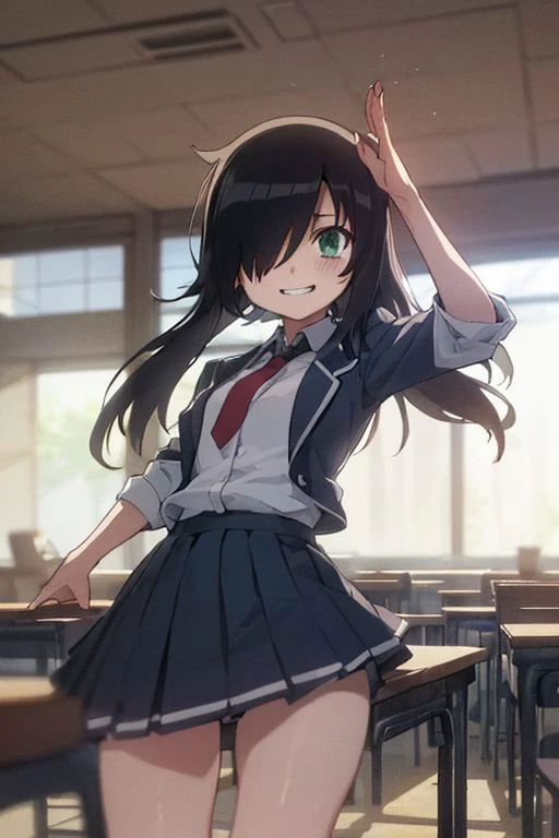 anime girl in school uniform standing in a classroom with her hand up