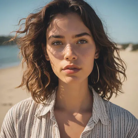 Photograph of Bruna, 23 years of age, pouting at the beach on a sunny day.