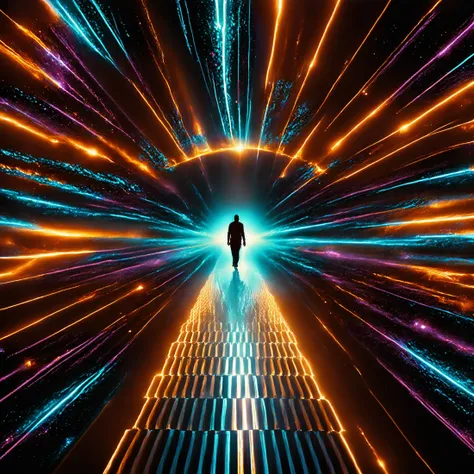 professional 3d model a man walking through a tunnel of light, illusion psychedelic art, female ascending into the sky, behance....