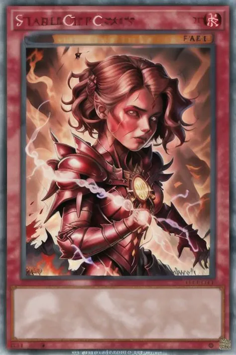 The Crimson Armor of Blood,Fiend,Fire ,<lora:testartstyle2:1>,  <lora:yugioh:1>, glowing, yugioh style, yugioh monster, duel monster