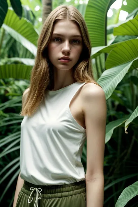 <lora:kawaii7.1.3_obj20:0.75:0.25>, European woman, closeup, (shirt), pants, (tropical jungle), (), ZM_fien, wide shoulders, perfect face, (contact iris: 1.1), pale skin, skin pores , depth of field