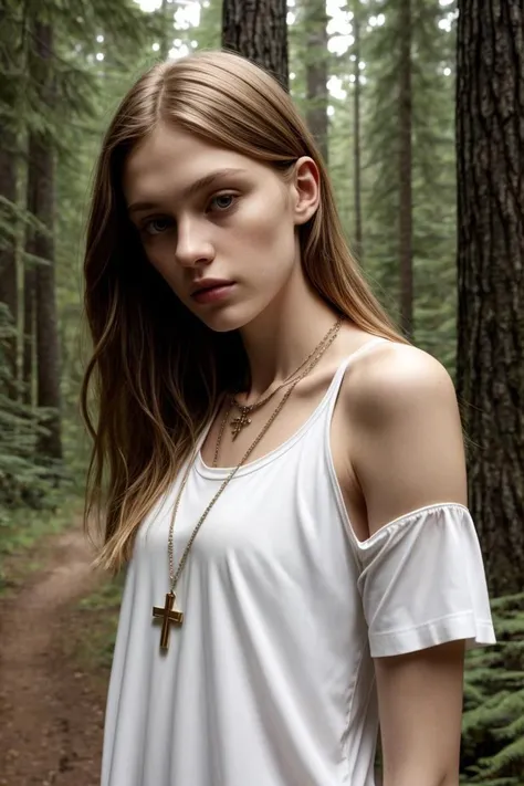 <lora:kawaii7.1.3_obj20:0.75:0.25>, European woman, closeup, (shirt), pants, (cabin in the woods), cross necklace , ZM_fien, wide shoulders, perfect face, (contact iris: 1.1), pale skin, skin pores , depth of field