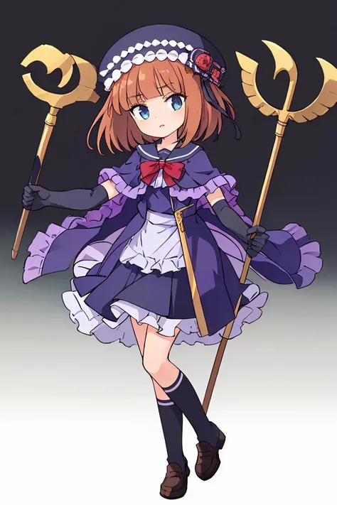 (masterpiece, best quality), 1girl,   <lora:EvaBeatrice:0.8> eva beatrice,  ushiromiya staff, elbow gloves, frills, hat, purple cloak, red ribbon, black boots, blue cardigan, loafers, school skirt, serafuku, socks, white ribbon