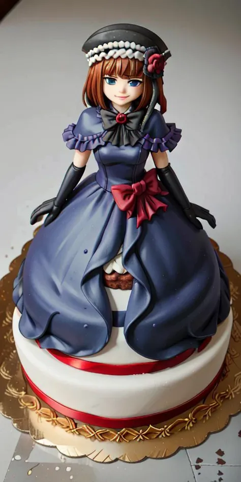 <lora:WhippedCreamTopStyle:0.2> WhippedCreamTopStyle,(CakeStyle:1.76) <lora:EvaBeatrice:0.85> dress,Marzipan pink cake shaped like eva beatrice dress. <lora:CakeStyle:0.6>, blue eyes, medium hair, bowtie, purple dress, (floor-length dress:1.5), elbow glove...