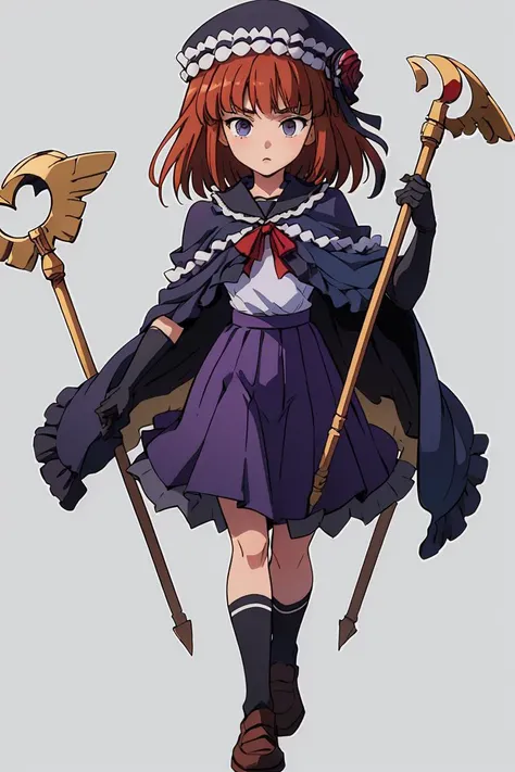 (masterpiece, best quality), 1girl,   <lora:EvaBeatrice:0.8> eva beatrice,  ushiromiya staff, elbow gloves, frills, hat, purple cloak, red ribbon, black boots, blue cardigan, loafers, school skirt, serafuku, socks, white ribbon