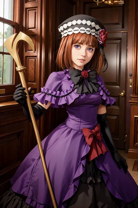 <lora:EvaBeatrice:0.8>, eva beatrice, bowtie, purple dress, ushiromiya staff, elbow gloves, frills, hat, purple cloak, red ribbon, hall, mansion hall, windows, luxe,  looking at the viewer, a woman