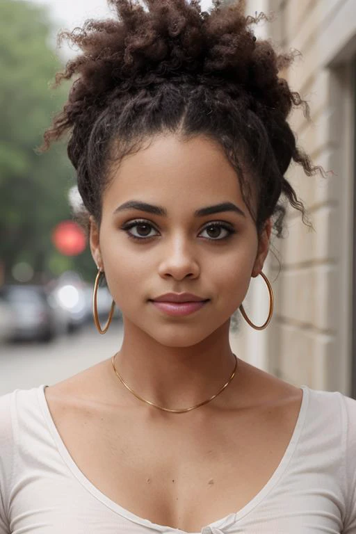 a close up of a woman with a large hoop earrings