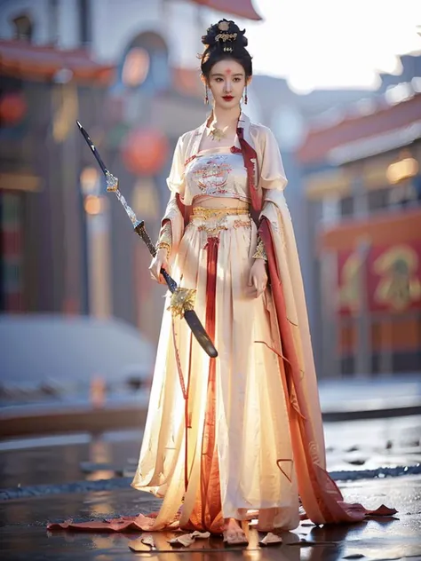 a woman in a white and red dress holding a sword