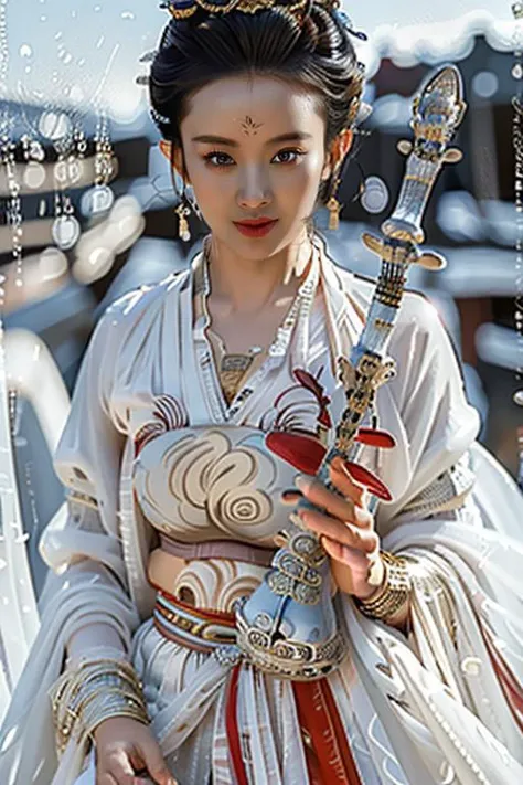 a woman in a white dress holding a sword and wearing a tia