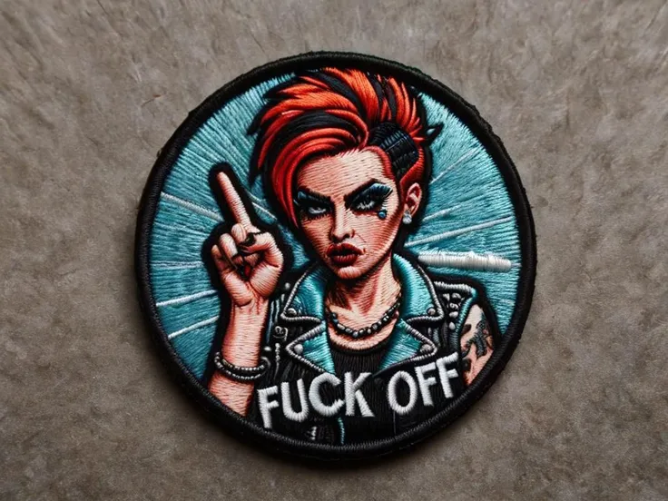 ("fuck off" text logo:1.5), a female punk flipping you off with her middlefinger <lora:ral-embroideredpatch:0.8> ral-embroideredpatch <lora:Harrlogos_v1.1:0.7>, grungy look, punk style