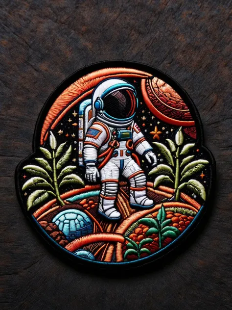 A ral-embroideredpatch of a tiny astronaut gardening on Mars, with red soil and a potato plant in full bloom, against a backdrop of a shiny space dome <lora:ral-embroideredpatch-sdxl:1>, <lora:EnvyBetterHiresFixXL01:0:hr=1>