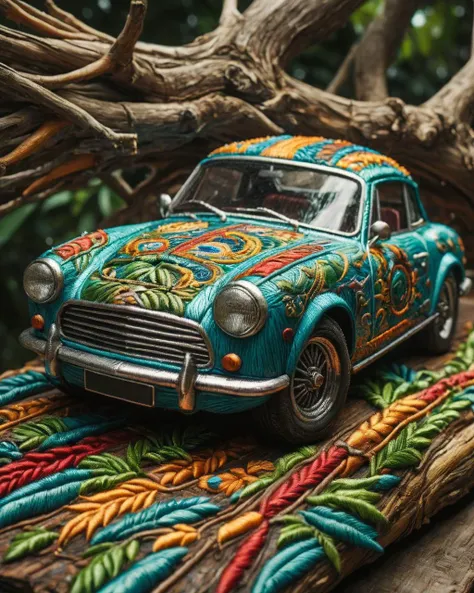 eye-level shot of a Bahamian [Volkswagen:Sports car:1], it is Regal, made from Tree, smooth, Shin Hanga, F/8, rich color, <lora:ral-embroideredpatch:1> ral-embroideredpatch