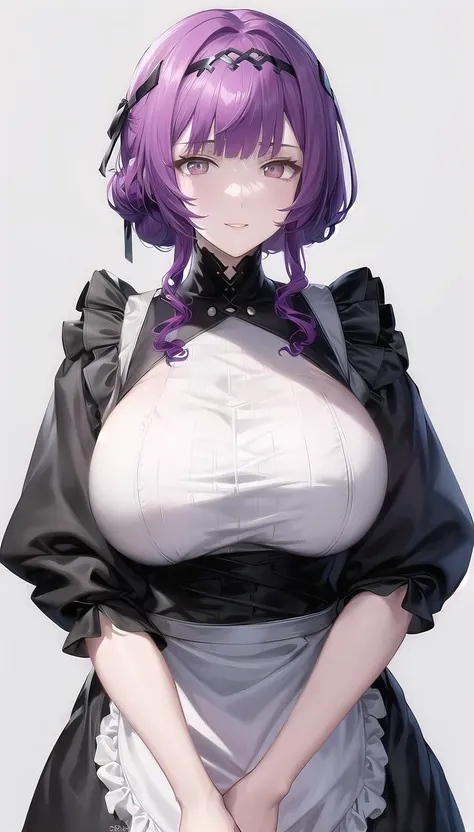 a close up of a woman in a maid outfit with purple hair