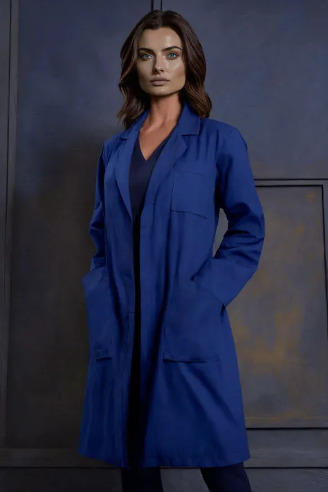 a woman in a blue coat standing against a wall