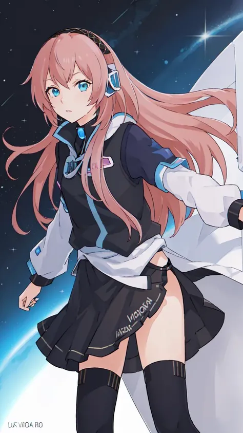 anime girl with long pink hair and headphones standing in front of a space station