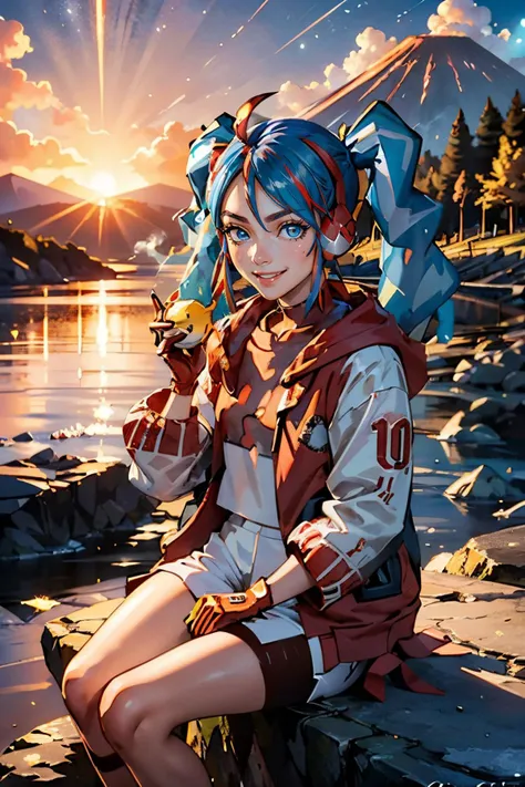 honoomiku,blue eyes, blue twintail hair, streaked hair, ahoge, headphones, jacket, gloves, looking at viewer, serious, smiling, 
sitting, on rock, holding pokemon (creature), outside, volcano, lava, smoke, blue sky, extreme detail, masterpiece, beautiful q...