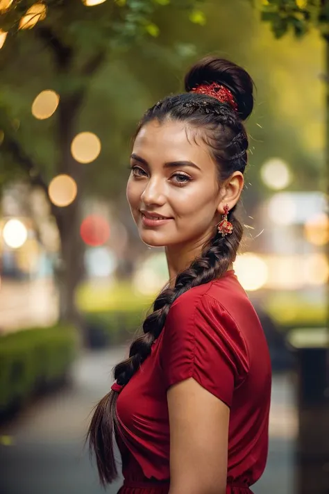 (dynamic pose:1.2),(dynamic camera),photo RAW,(gel40bo,a (close-up:1.2) young_woman in Crimson dress,Long black braided ponytail hairstyle,(bokeh:1.35), dof, <lora:gelios40bokeh_v2:0.5> <lora:seriv:0.5>,Realistic, realism, hd, 35mm photograph, 8k), masterp...