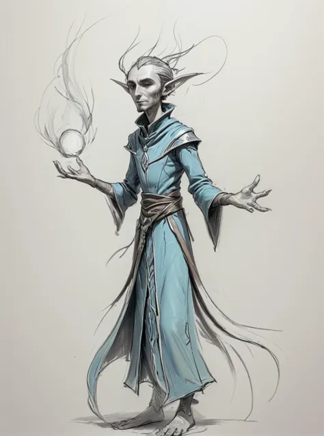 a drawing of a male elf with a long hair and a blue robe