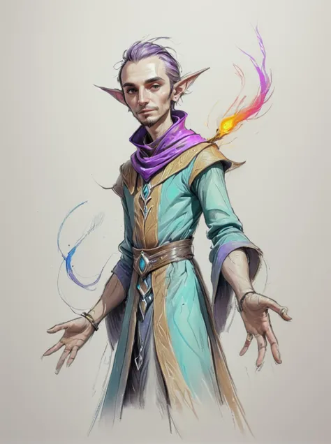 a drawing of a male elf with a purple and blue outfit