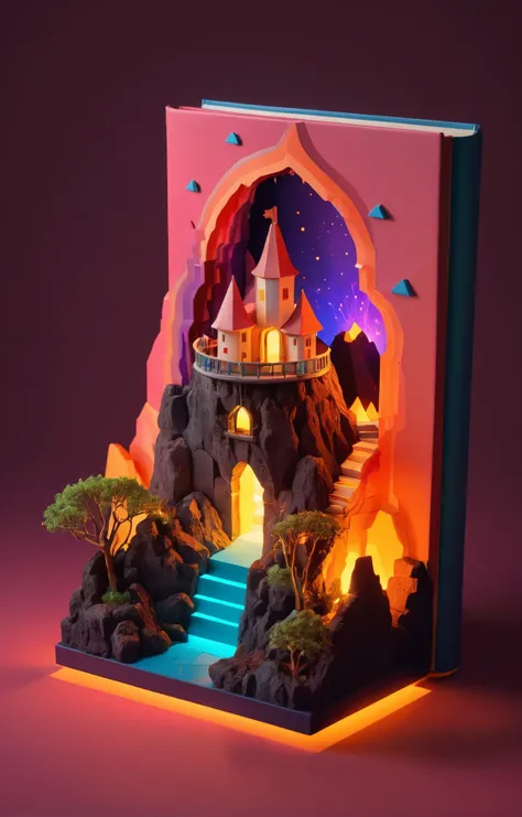 3d isometric, blender render, soft colorful-hued colors, bright and vibrant macro-photo of a (book nook:1.3), a tiny fantasy castle in a volcanic landscape with an active volcano with lava flows <lora:book_nook_128:0.6> Two tone lighting, abstract geometri...