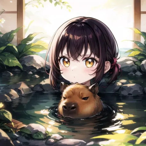 anime girl with brown hair and yellow eyes in a pond with a dog