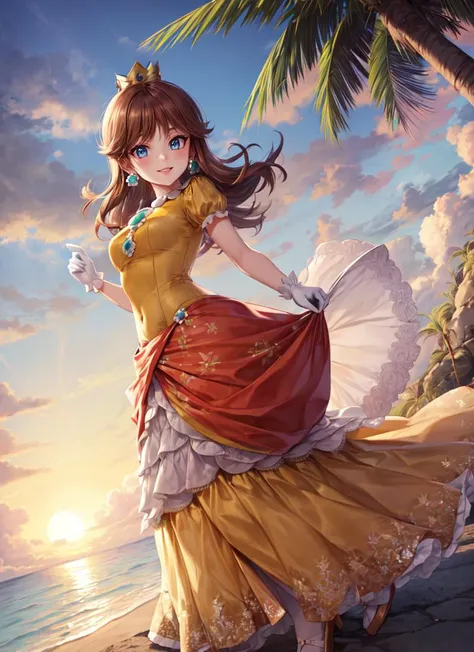 a woman in a yellow dress standing on a beach next to a palm tree