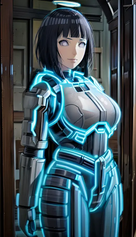 a woman in a futuristic suit standing in a doorway