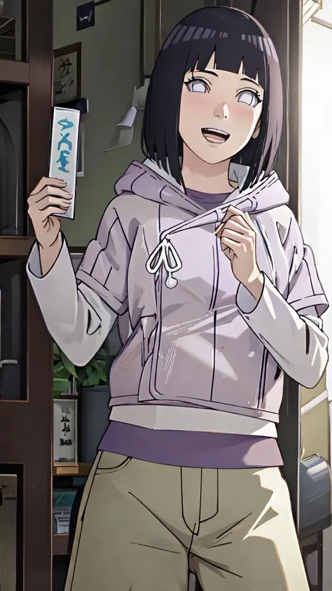 lumen reflections, natural lighting, evocative, triadic color scheme, cowboy shot, elegant, voluptuous:0.6, looking at viewer, 1girl, female, solo, blush, open mouth, smile, teeth, sfw, <lora:Hinata:1>, hinata(boruto), purple hoodie, brown pants