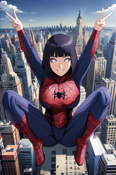 masterpiece,best quality,super detailed,ultra detailed,extreme detailed,extremely detailed,ultimate detailed,hyper detailed,official art, 1girl,hinata, large breasts, looking at viewer, ,happy smile ,looking at viewer,((spider man suit)) ,(((city new york)...