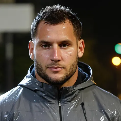 close-up photo of n1ck, wearing a gray jacket, in the rain, on a street, nighttime, lights, <lora:Nick_Bosa_SDXL:.9>