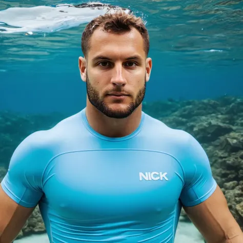 close-up photo of n1ck, swim shirt, wearing a swimsuit, underwater, <lora:Nick_Bosa_SDXL:.9>