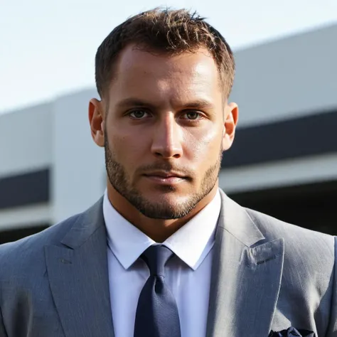 close-up photo of n1ck, parking lot, dress shirt, pants, suit, work clothes, looking to viewer, cinematic lighting, detailed face, detailed eyes, masterpiece, high_res, perfect face, <lora:Nick_Bosa_SDXL:.9>