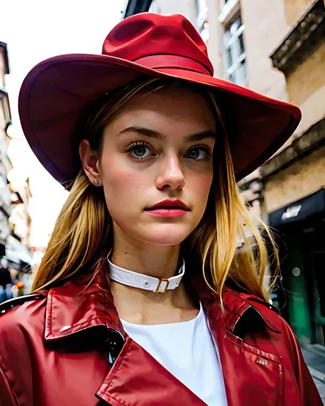 Chz-WillowH, (((meticulously-detailed, Ultra-HD-realistic))), close-up, RAW photo, of 1girl as a real-life Carmen Sandiego, international boss villainess, (red-trench-coat, collar up, red-fedora:1.3), standing on a dark street corner in Prague, kind of eas...