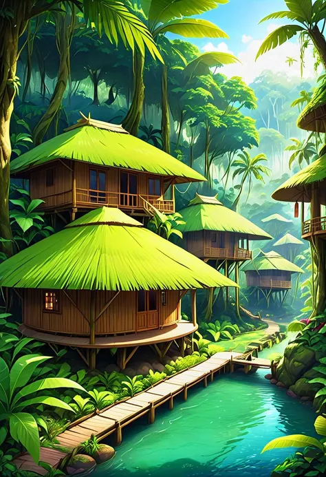 Side view, beautiful landscape view, Rainforest capsule cottages inspired by straws on the middle of rainforest, ,tradisional architecture, daylight, photography view,