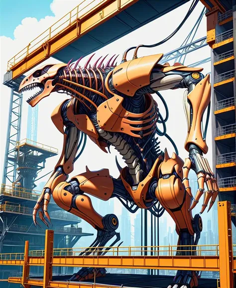 a cybermutant fleshmutant with biomechanical organic parts and cybernetic attachments in a gantry with scaffolding and machinery, sfw,beautiful, masterpiece, best quality,absurderes