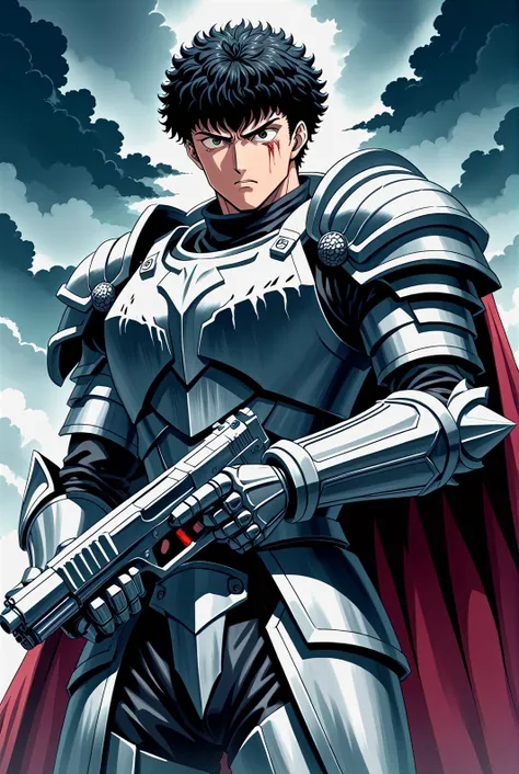 guts from berserk wearing power armor and holding a gun,scene from berserk anime, sfw,beautiful, masterpiece, best quality,absurderes