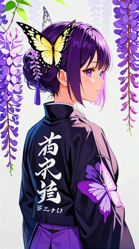 by nixeu, best quality, 1girl, demon slayer uniform, kochou shinobu, solo, impasto, realistic, from behind, upper body, facing away, butterfly hair ornament, black hair, short hair, purple hair, hair ornament, clothes writing, japanese clothes, black jacke...