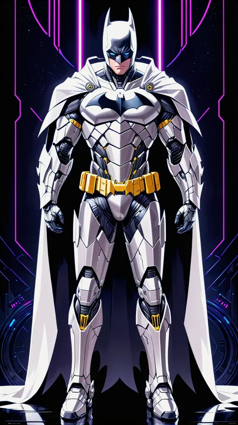 masterpiece, best quality, full body close-up of Batman dressed in intricate cyberpunk streamlined platinum armor, ultra high definition movie poster, dark cosmopolitan background, strong contrast, realistic art style