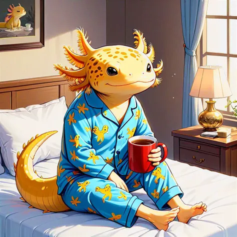 (masterpiece:1.5) ,4xolotl, portrait of gold axtolotl wearing pajamas, holding mug, sitting on bed, thoughtful, simplified cartoon, tail