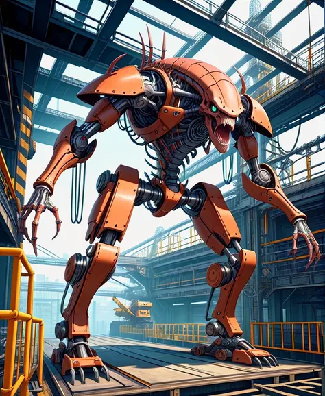 a cybermutant fleshmutant with biomechanical organic parts and cybernetic attachments in a gantry with scaffolding and machinery, sfw,beautiful, masterpiece, best quality,absurderes