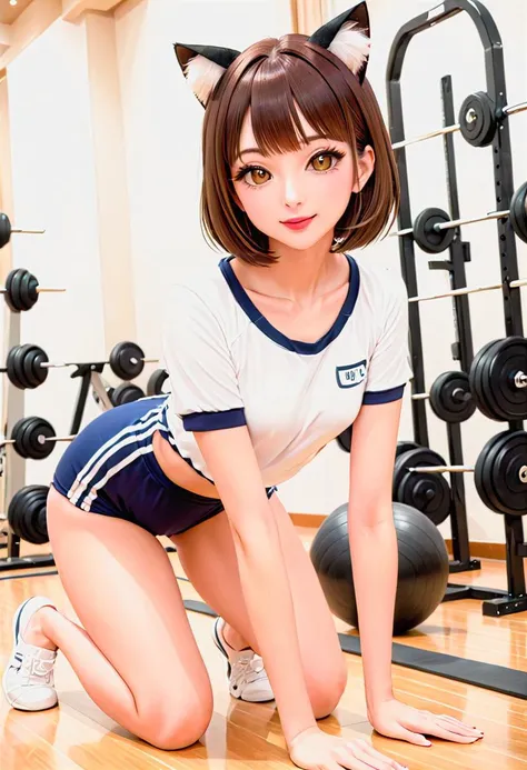 a close up of a woman kneeling on a gym floor with a cat ear