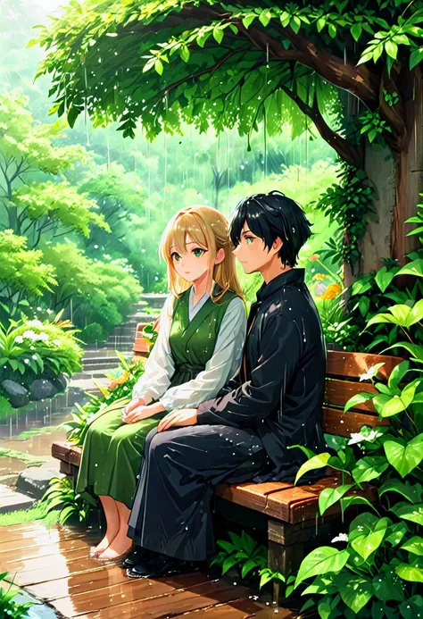 Produce a captivating anime motion scene set in a lush garden during a gentle rain. boy and girl. light reflex create an emotional atmosphere. The garden should be depicted with lush greenery, colorful flowers, and gracefully swaying trees, all animated wi...